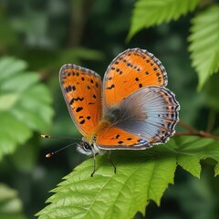 Obraz premium Copper Lycaena phlaeas butterfly on green leaf, garden, summer