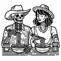 A whimsical illustration of a skeleton and a woman enjoying noodles together, combining elements of humor and culinary culture.