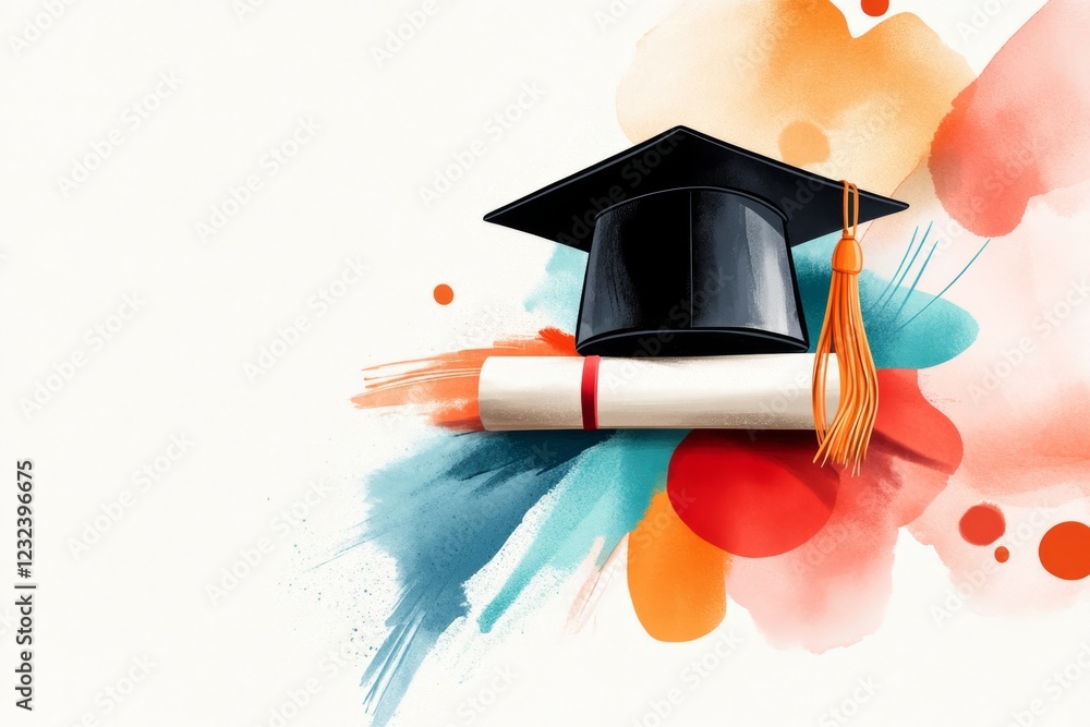 Poster a minimalist illustration of a graduation cap placed on a diploma scroll, drawn with clean lines and