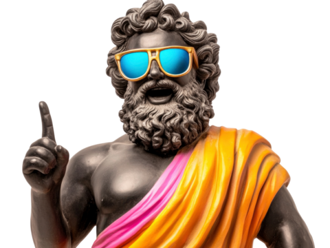 Black stone statue of Zeus wear colorful sunglasses, pointing index finge