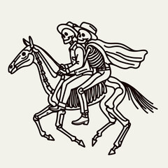 Two skeletons ride a horse, one wearing a hat and a cape, in a whimsical, cartoonish style.