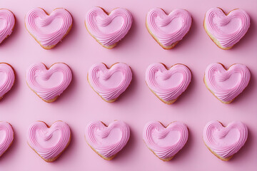 Heart-shaped cream cakes on a pink background, Valentine's Day wallpaper