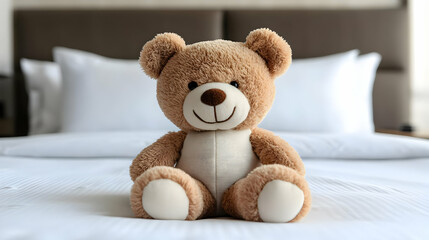Obraz premium Adorable Teddy Bear Sits Peacefully on a Crisp White Bed in a Cozy Hotel Room