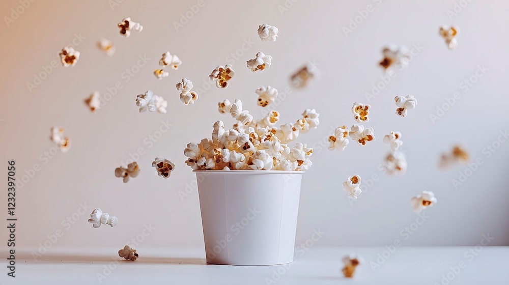 Poster white popcorn kernels bursting from a small white paper cup against a light beige background. the po