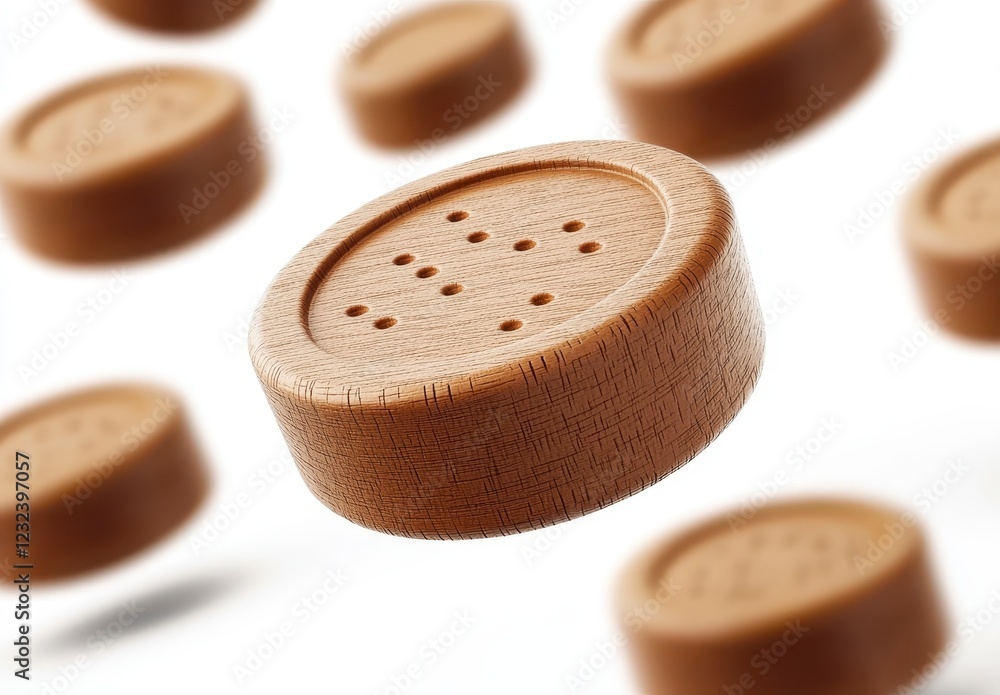 Poster multiple small, round, light brown objects with a textured surface and small holes, floating against