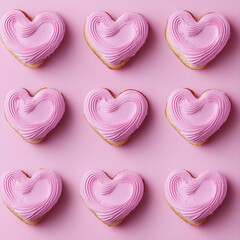 Heart-shaped cream cakes on a pink background, Valentine's Day wallpaper