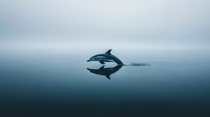 Fototapeta premium A lone dolphin in a minimalist ocean background with a calming aesthetic