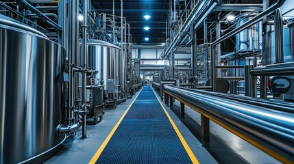 Fototapeta premium Clean industrial environment with stainless steel machines and high-tech control systems