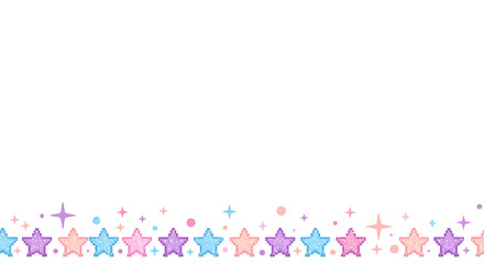 Pixel sparkling stars seamless border. Trendy modern retro 90s 8bit game style glitter graphic element for branding, packaging, prints. Vector illustration isolated on transparent background