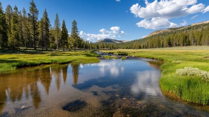 Meandering through a vibrant green meadow, yosemite national park's pristine river reflects towering mountains and pine trees under a picturesque sky filled with fluffy clouds