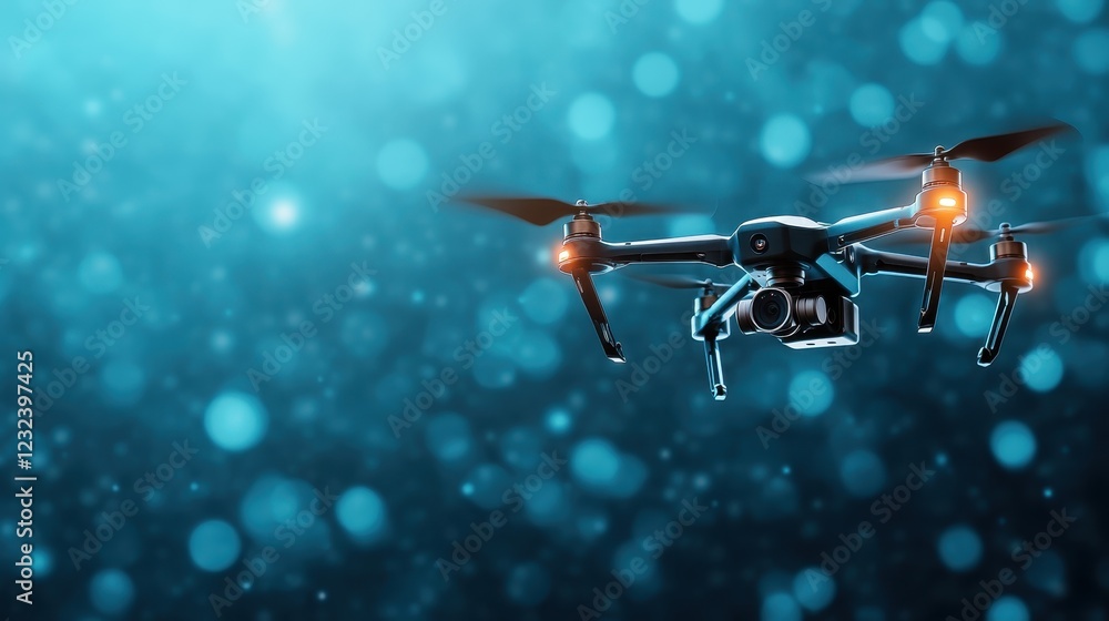 Poster an advanced drone soars through a surreal atmosphere, representing the cutting-edge of technology an