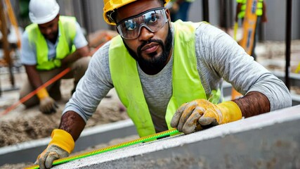 Foundation being laid, with workers and engineers ensuring precision with laser levels. - Powered by Adobe