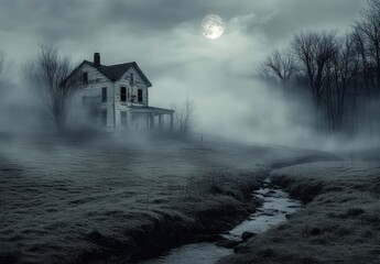 A dilapidated farmhouse shrouded in fog under a full moon. Dark, moody atmosphere. Grayscale palette with hints of white from the moon