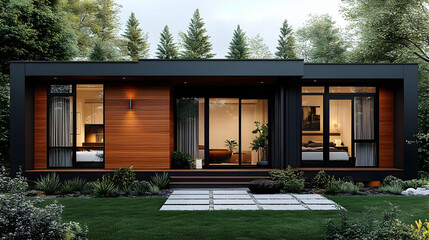 Fototapeta premium Modern House Exterior Design Visualization Showcases a Stylish Home with Wooden Accents Nestled in Nature