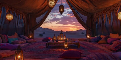 Serene Desert Sunset: Luxurious Berber Tent at Dusk