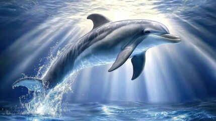 Fototapeta premium A majestic dolphin diving into the deep blue sea with light rays filtering through