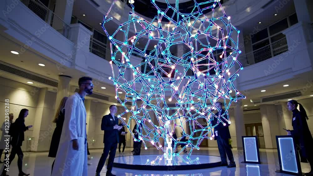 Poster high-tech art installation with interactive futuristic holograms in a modern exhibition space