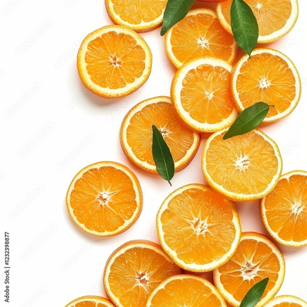 Aufkleber orange slices with green leaves creating a vibrant and refreshing pattern on a clean white backdrop