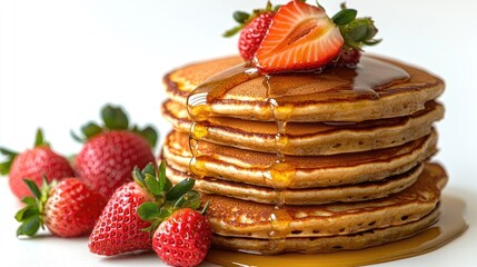 Stacked pancakes drizzled with syrup and topped with fresh strawberries on a clean surface