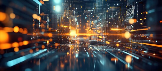 Fototapeta premium Glowing digital city with blue, orange lights.