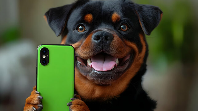 Happy Dog Holds a Green Smartphone, Showing Off Its Tech Savviness and Joyful Expression