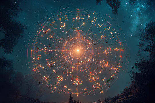 A cosmic scene featuring astrological signs and symbols set against the backdrop of a starry night sky, evoking a sense of wonder, mysticism, and celestial guidance