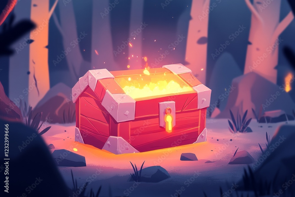 Poster A pixel art depiction of a glowing treasure chest in a dungeon, with sparkles and light beams emanating from it, emphasizing its importance in the scene