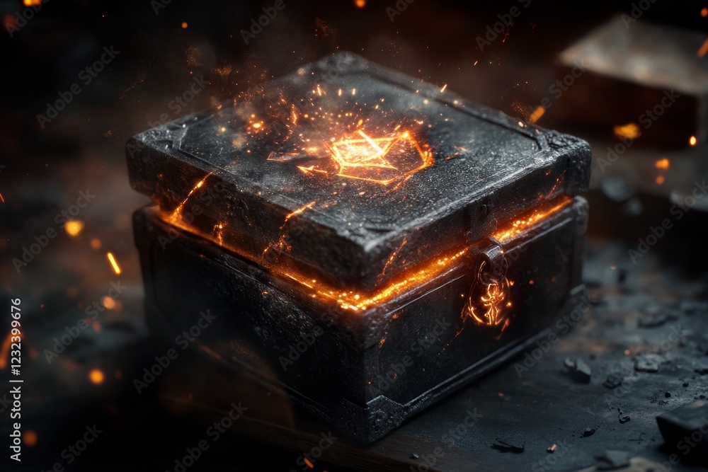 Poster a pixel art depiction of a glowing treasure chest in a dungeon, with sparkles and light beams emanat