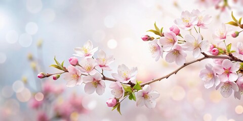 Obraz premium A serene Japanese floral branch featuring soft pink cherry blossoms and delicate leaves set against a soft white background with subtle golden accents , vintage, golden accents