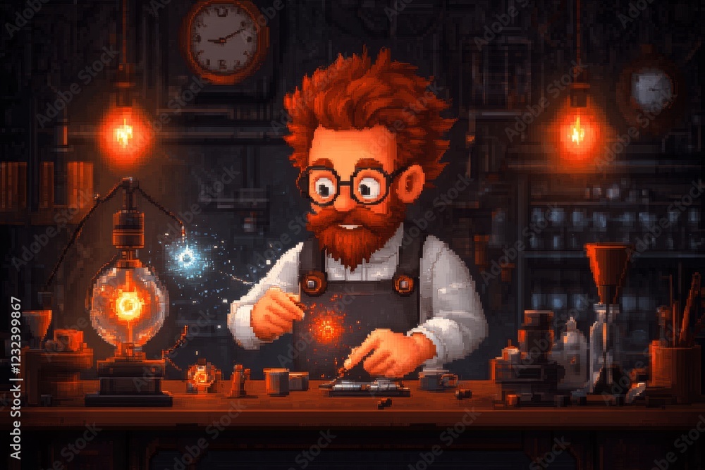 Poster a pixel art depiction of a watchmaker adjusting the tiny gears of a pocket watch, with animated spar