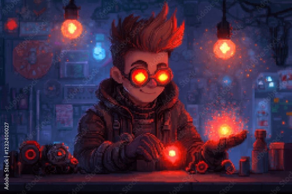 Poster A pixel art depiction of a watchmaker adjusting the tiny gears of a pocket watch, with animated sparks and vibrant details in a retro aesthetic