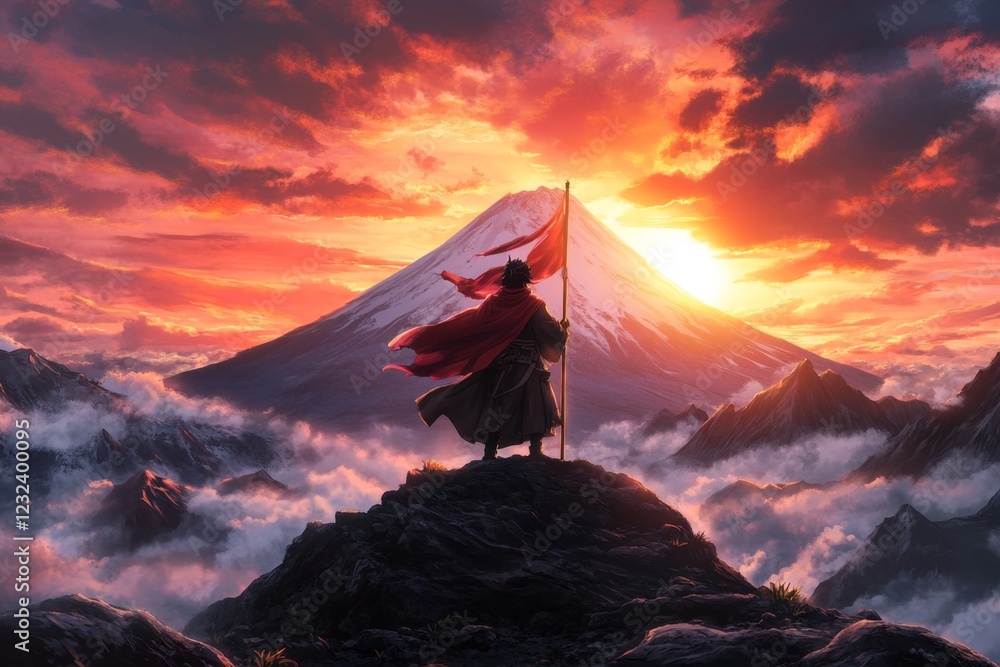 Poster a pixel art scene of a character standing on a mountain peak, holding a glowing flag, with vibrant p