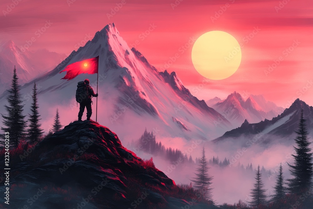 Poster a pixel art scene of a character standing on a mountain peak, holding a glowing flag, with vibrant p