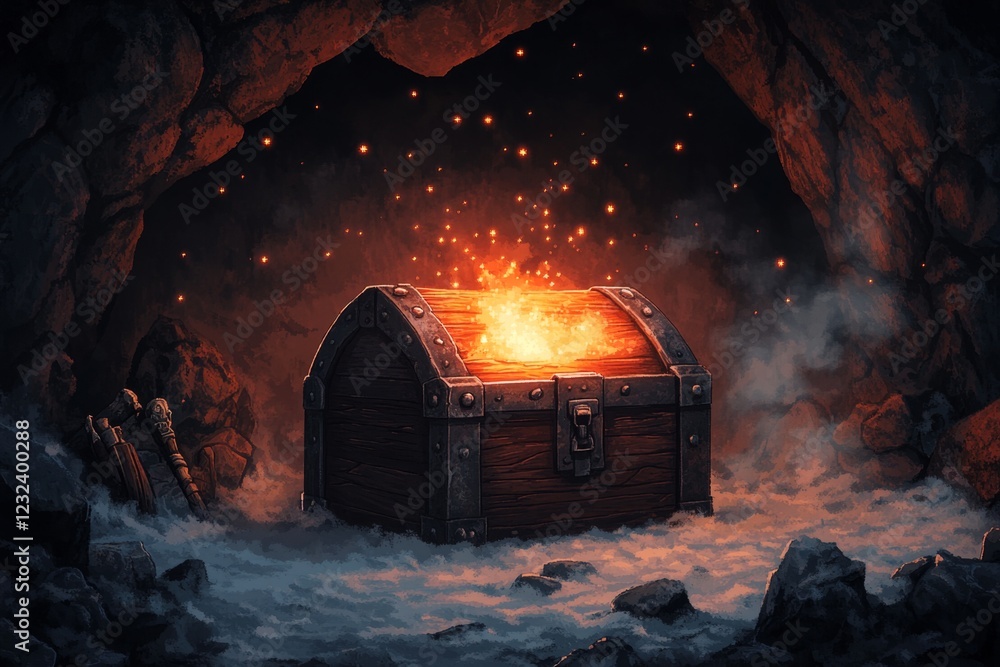 Poster a pixel art scene of a vibrant, glowing treasure chest in a dark dungeon, with small sparkles emanat
