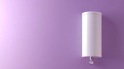 A product advertisement layout featuring a modern water heater on a clean purple background