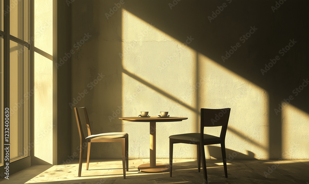 Aufkleber a serene cafe setting with two chairs and a small table, illuminated by soft sunlight casting shadow