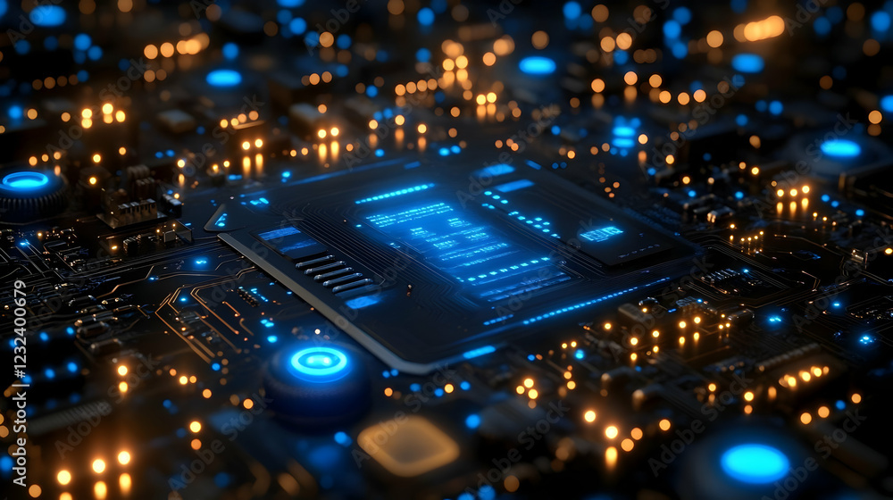 Poster futuristic circuit board displays data with glowing lights and intricate details in a dark environme