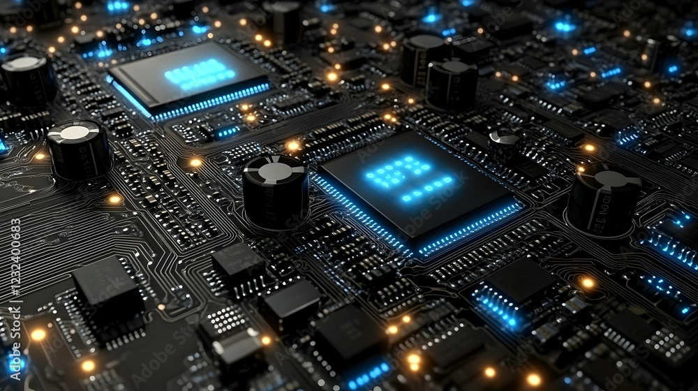 Poster close-up of circuit board with glowing components and intricate wiring details.