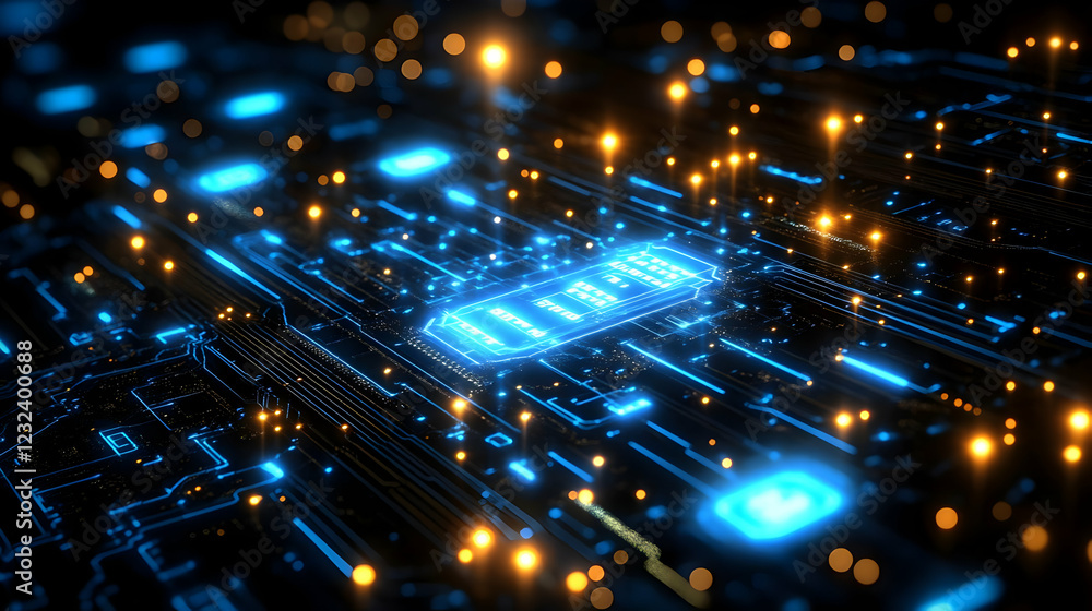 Poster futuristic circuit board glows with blue and orange lights in a dark environment with bokeh