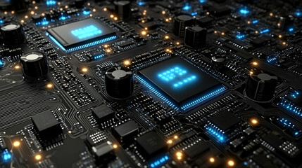 Obraz premium Close-up of Circuit Board with Glowing Components and Intricate Wiring Details.