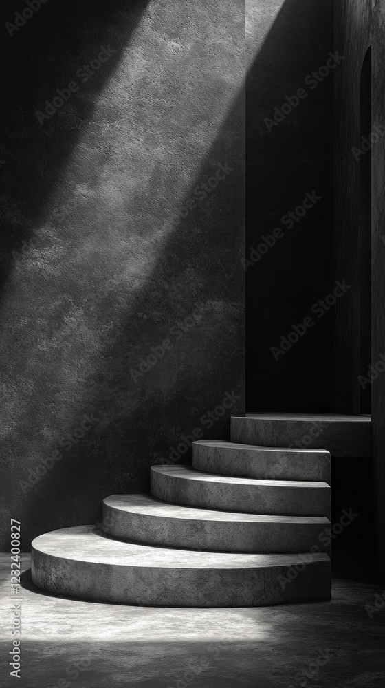 Poster in a striking minimalist environment, a black and white podium ascends through smooth, curved steps.