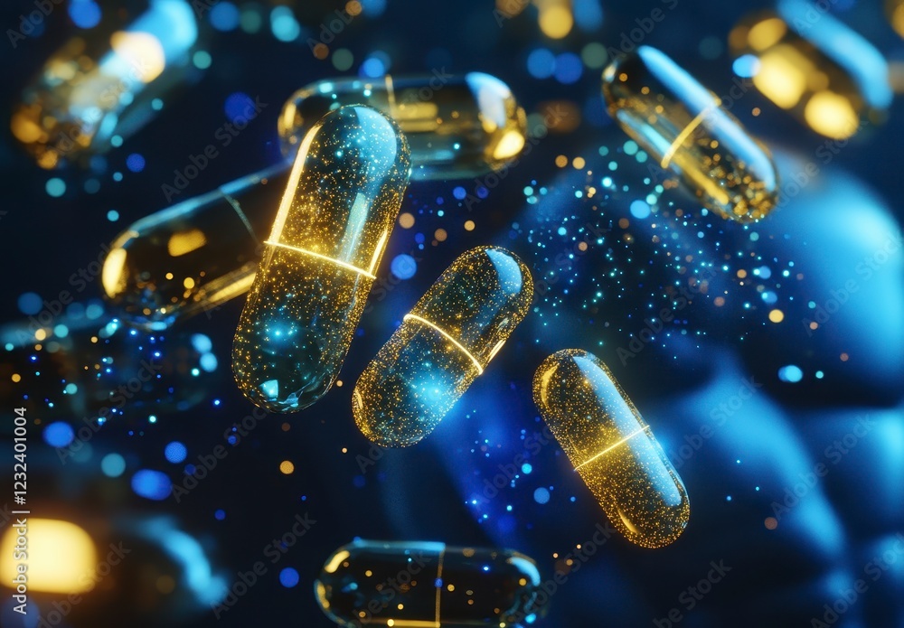 Poster abstract image of floating capsules with gold and blue glitter particles on a dark background. the c