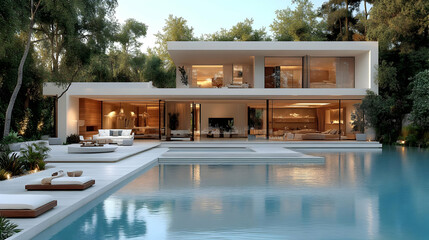 Fototapeta premium Modern house boasts a luxurious pool and lush landscaping, creating a serene oasis.