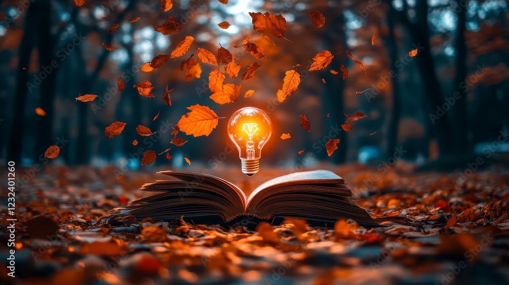 Poster glowing lightbulb above open book surrounded by falling autumn leaves in a forest setting. warm, aut