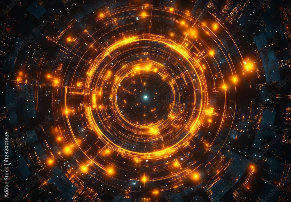 Poster abstract cosmic background with glowing orange and gold particles forming concentric circles. dark b
