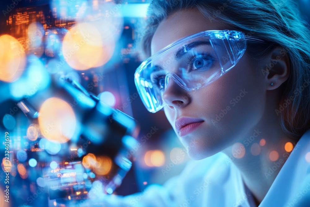 Poster a scientist placing a slide under a microscope, with the action framed to show their concentration