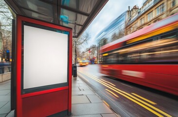 Blank billboard at a bus stop with a blurred red bus passing by.