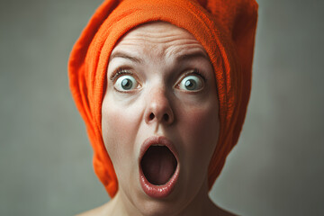 A closeup portrait of a young woman with a surprised expression, her hair wrapped in an orange towel, capturing a moment of shock or astonishment