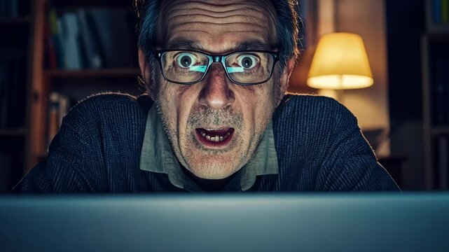 A surprised older man gazes at his laptop screen, capturing a moment of shock or disbelief in a cozy, well-lit room.