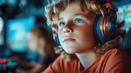 A concentrated young boy with headphones, fully engaged in an exciting gaming session, reflecting the immersive experience of modern digital entertainment and connection.